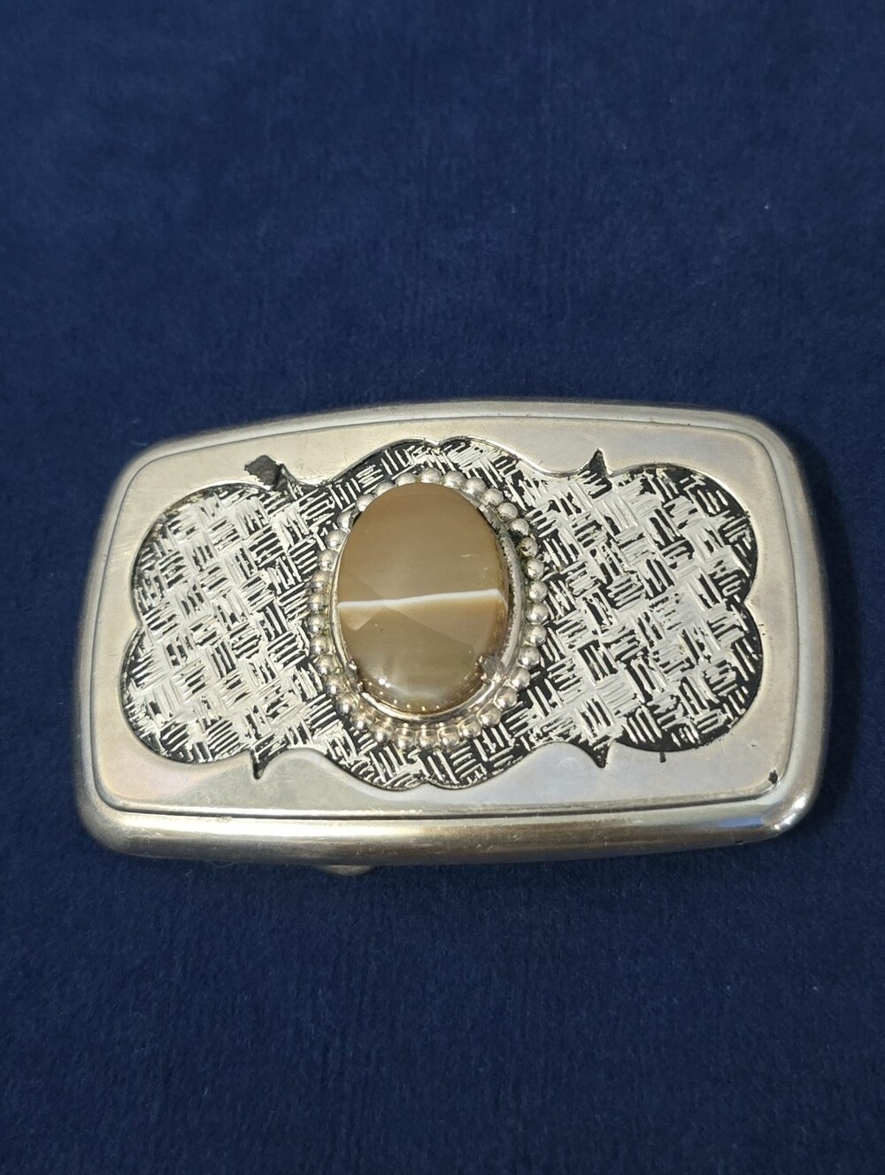 Silver T9ne Metal Belt Buckle Rectanguler Oval Polished Stonw Center Scroll Work